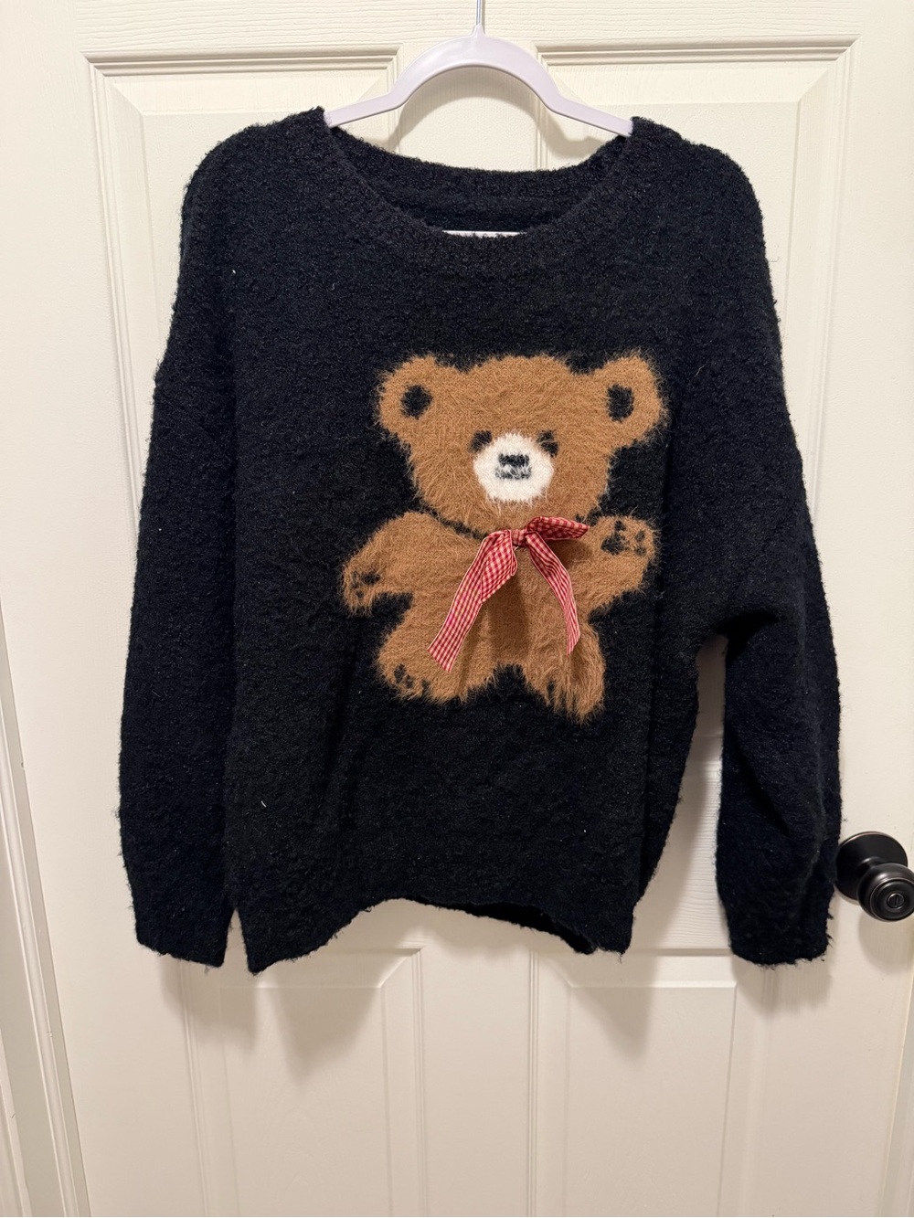 Cider Black Fuzzy Teddy Bear Sweater with Brown Bear